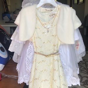 NWT Girls lace cream and gold sequin dress sz8